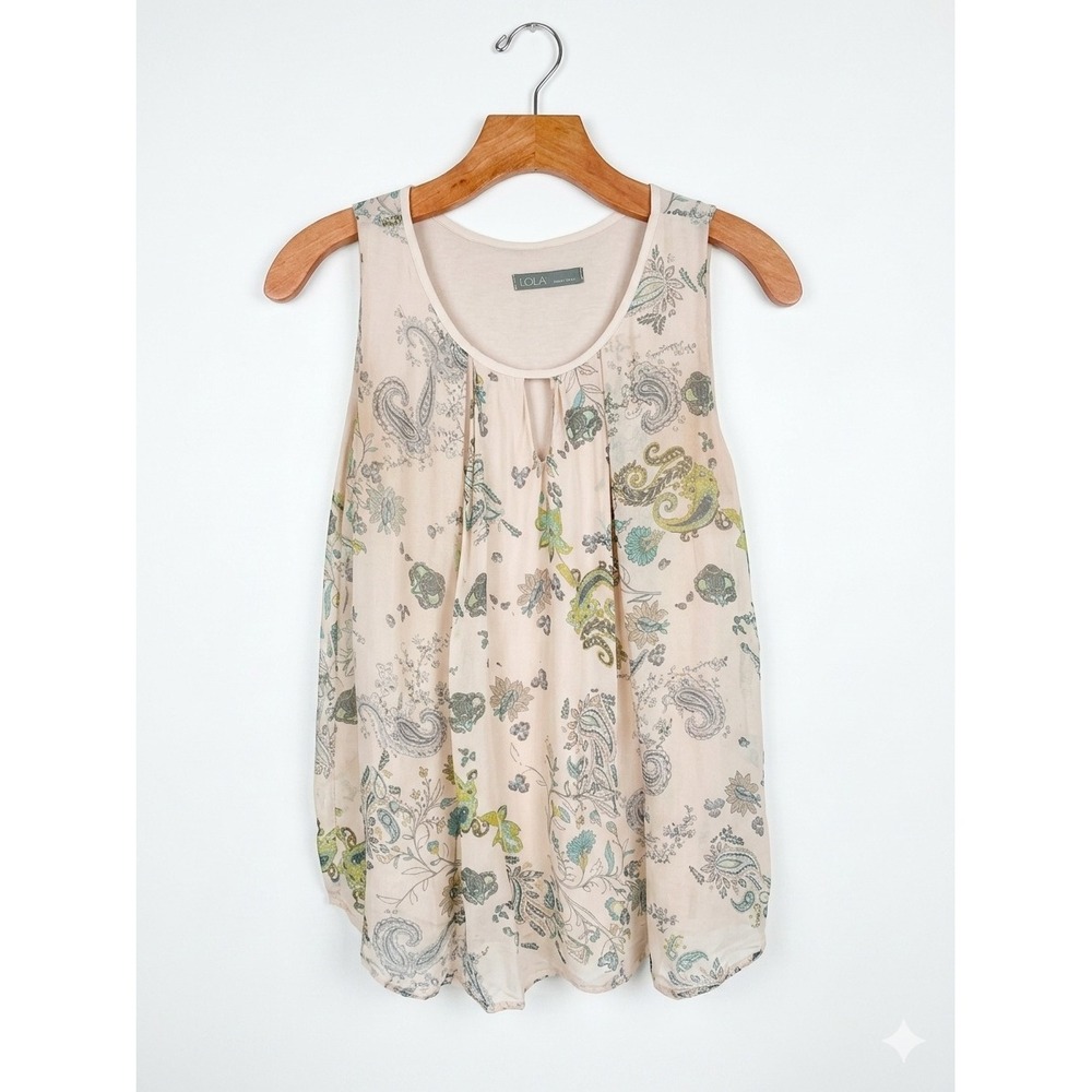 LOLA Italy Paisley Silk Blend Romantic Sleeveless Pink Floral Pleated‎ Top M